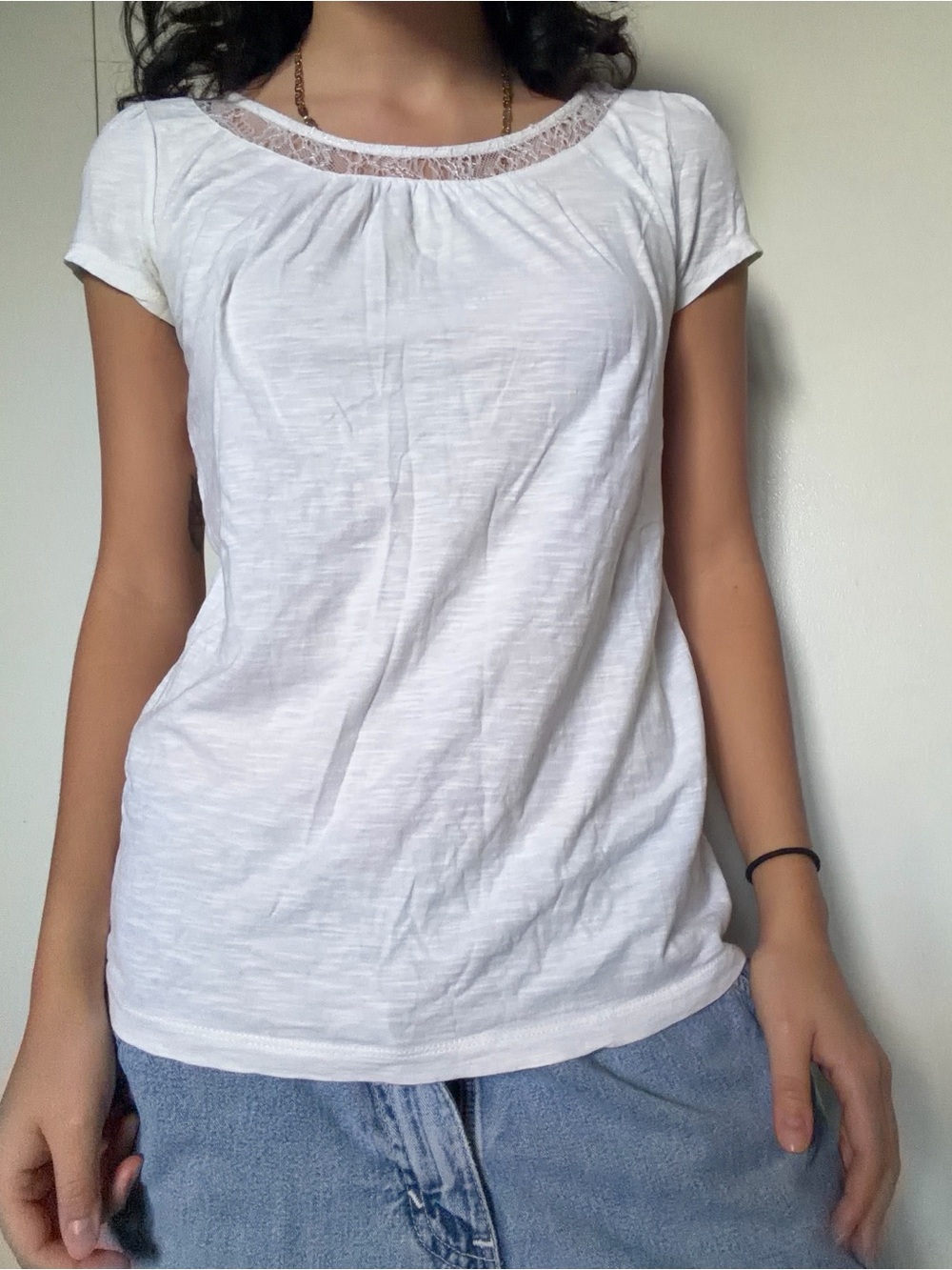 LOFT White Short Sleeve Tee with Lace Trim